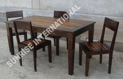 Four-chair Sheesham wood dining table set with slatted tabletop and seats