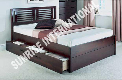 Sheesham wood queen size bed with pull-out side storage drawer and slatted headboard