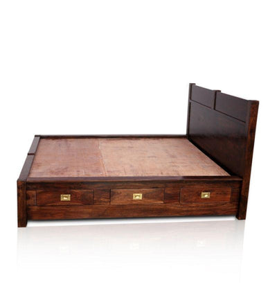 Sheesham wood queen size bed side view with three storage drawers