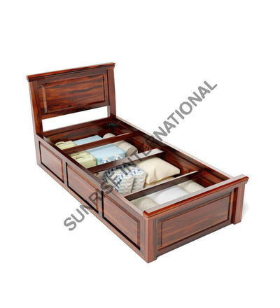 Sheesham wood single bed with mattress removed to show box storage compartments