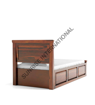 Rear and side view of Sheesham wood single bed with paneled wooden frame