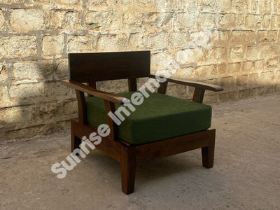 Sheesham wood single seater sofa chair with green upholstered cushion