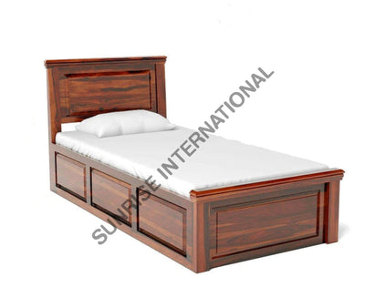 Angled view of Sheesham wood single storage bed with panel headboard