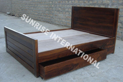 Sheesham wood storage bed with two pull-out drawers open