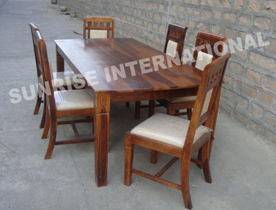 Solid wood 6 seater dining table set with matching cushioned chairs