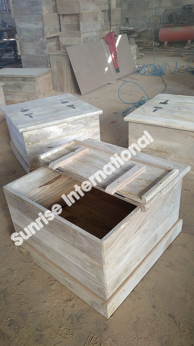 Square Mango wood storage chest open in workshop showing internal compartment