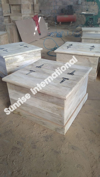 Square Mango wood storage chest with hinged top in workshop