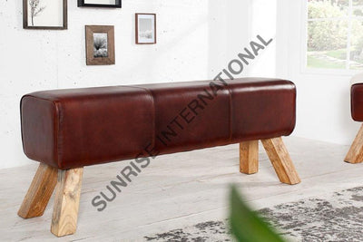 Wooden Vintage Leather Bench - Leather Furniture Home & Living:furniture:living Room:chairs