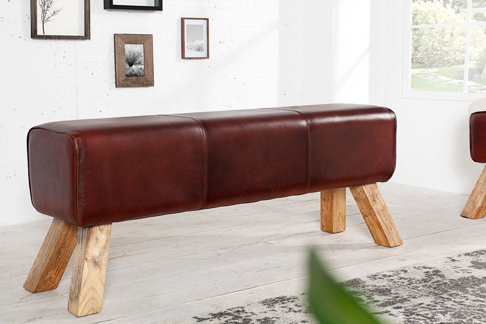 wooden Vintage leather bench - Leather Furniture