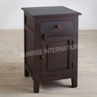 Front view of wooden bedside cabinet with 1 drawer and 1 door in dark finish