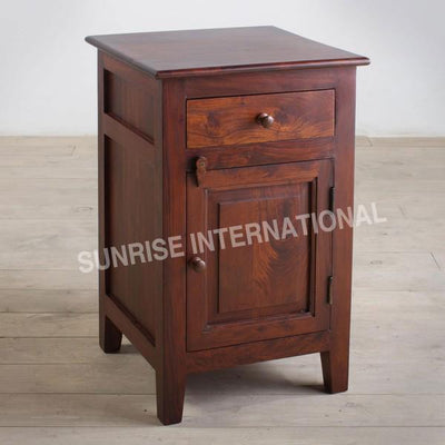 Wooden bedside table in Mango wood with 1 drawer and 1 door in Dark Teak stain