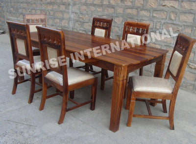 Wooden dining table set with one table and six cushioned chairs