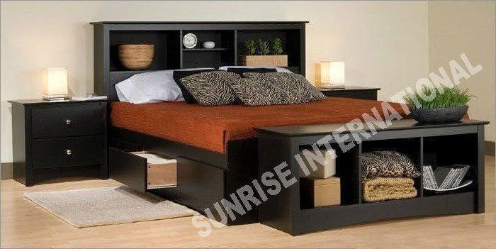 Wooden Queen Size Double Bed with storage drawers and headboard shelves