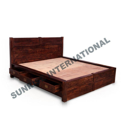 Sheesham wood queen size storage bed with side drawers open