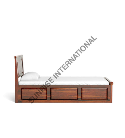 Side view of wooden single bed with three side panels and mattress