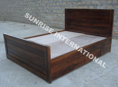 Sheesham wood storage bed with drawers closed and panel headboard