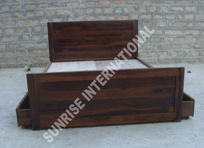 Front view of wooden storage bed with pull-out drawers extended